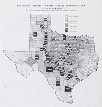 Shows the percent of land area in farms for Texas in 1910.