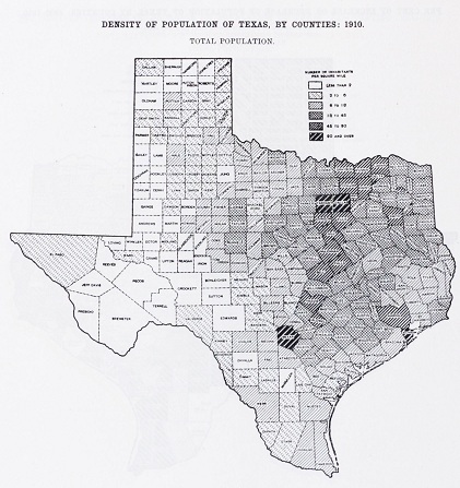 Shows a population density map of Texas in 1910.
